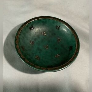 Gustavsberg Argenta bowl with a mottled green glaze and silver inlay